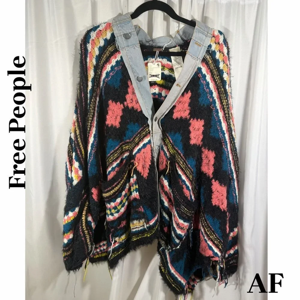 Free People Running Wild Poncho in Black Lighting XS/S New